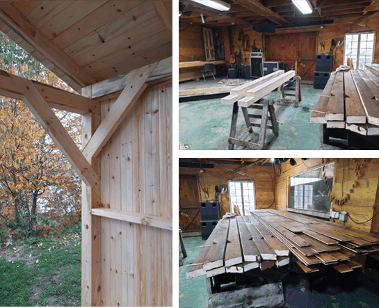 Processus de fabrication artisanale d'une structure en bois massif par Bois Rich'Art, Île d'Orléans - préparation et assemblage des pièces de bois